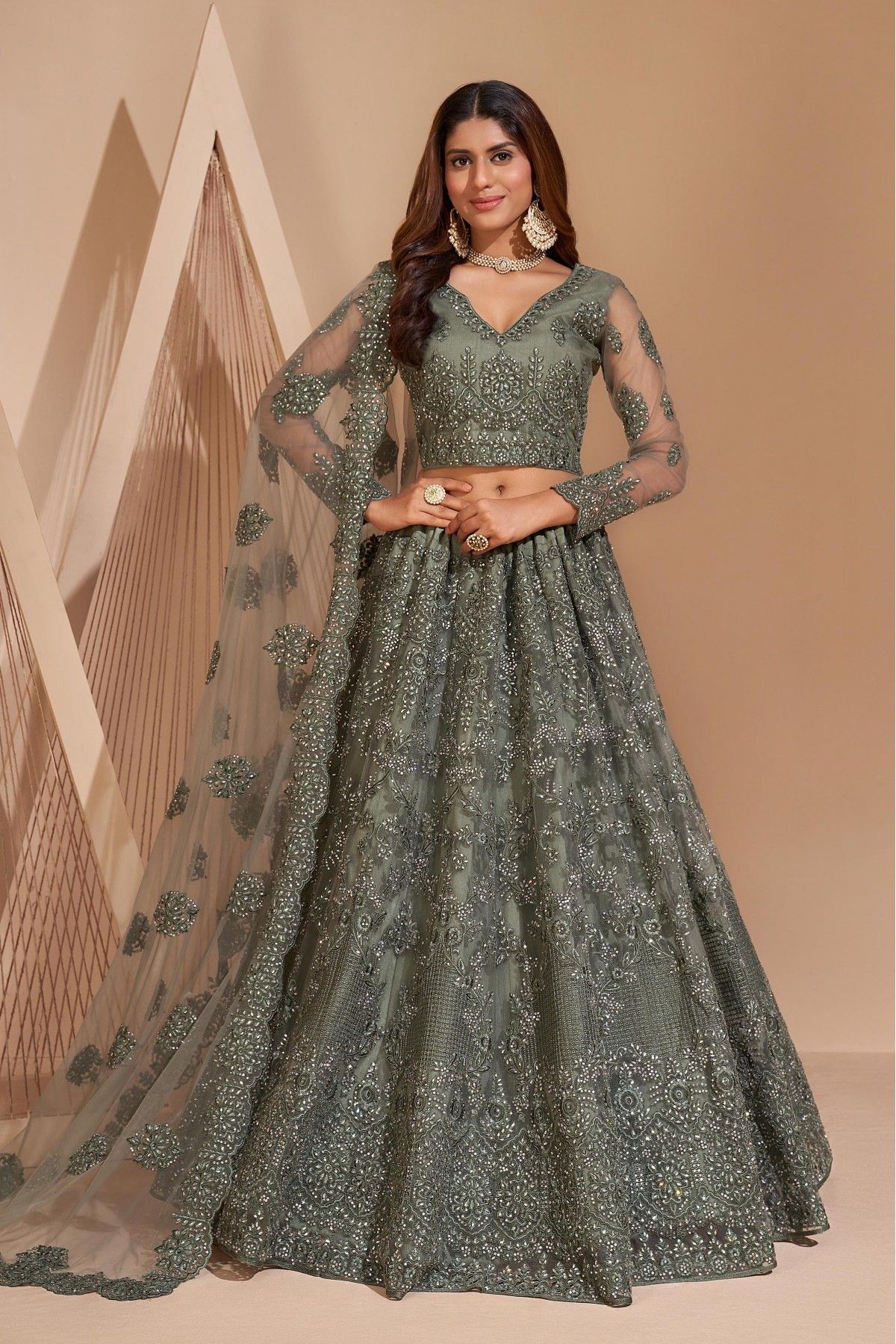 Net Embroidery Lehenga Choli In Dark Green Colour - LD5680006