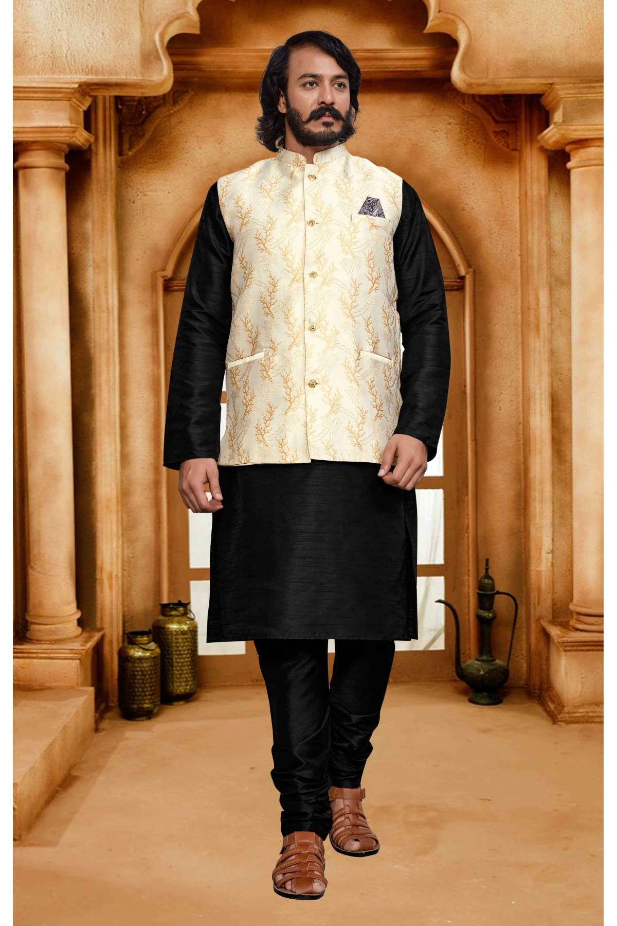 Art Silk And Jacquard Woven Kurta Pajama With Jacket In Black And Cream Colour - KP1047593