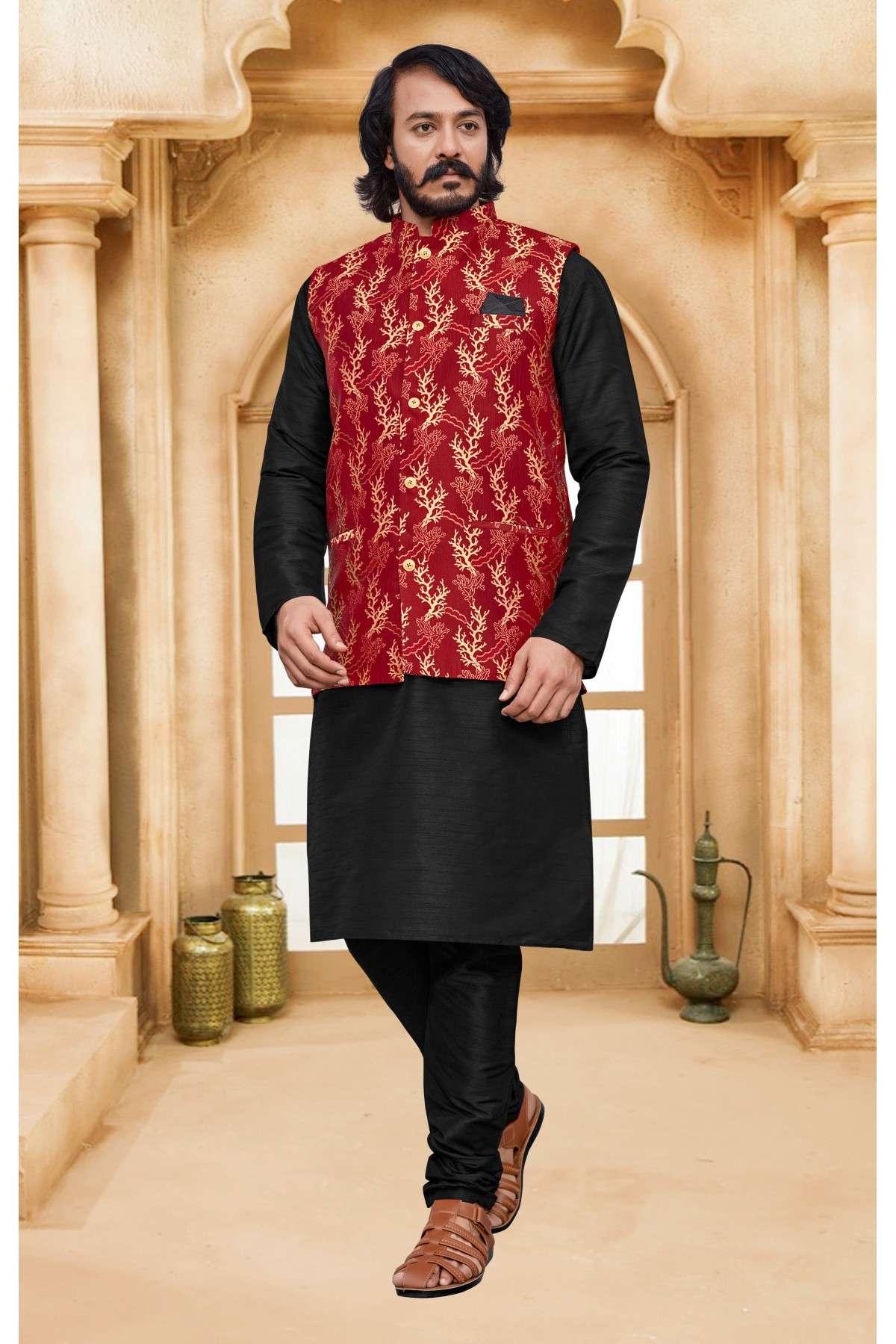 Art Silk And Jacquard Woven Kurta Pajama With Jacket In Black And Maroon Colour - KP1047595