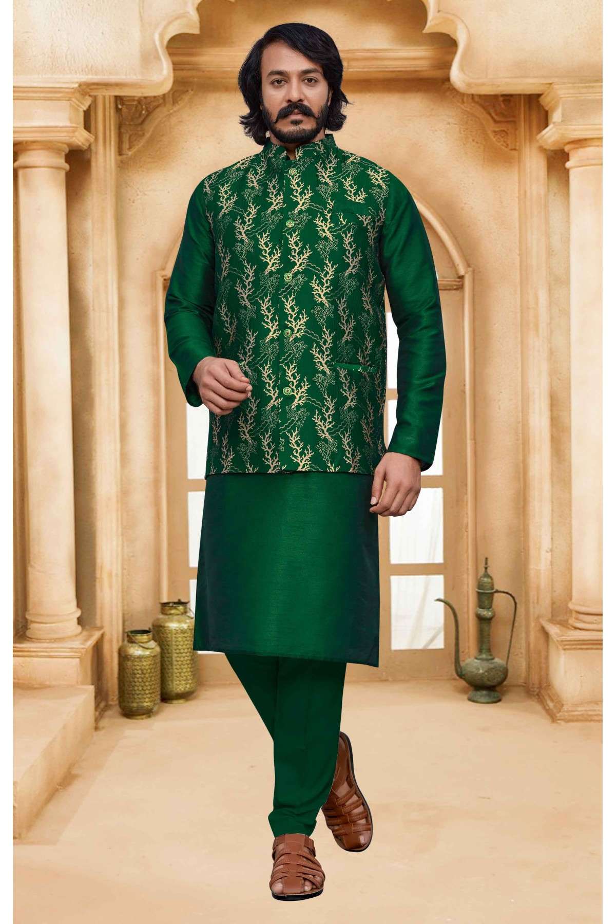 Art Silk And Jacquard Woven Kurta Pajama With Jacket In Green Colour - KP1047598