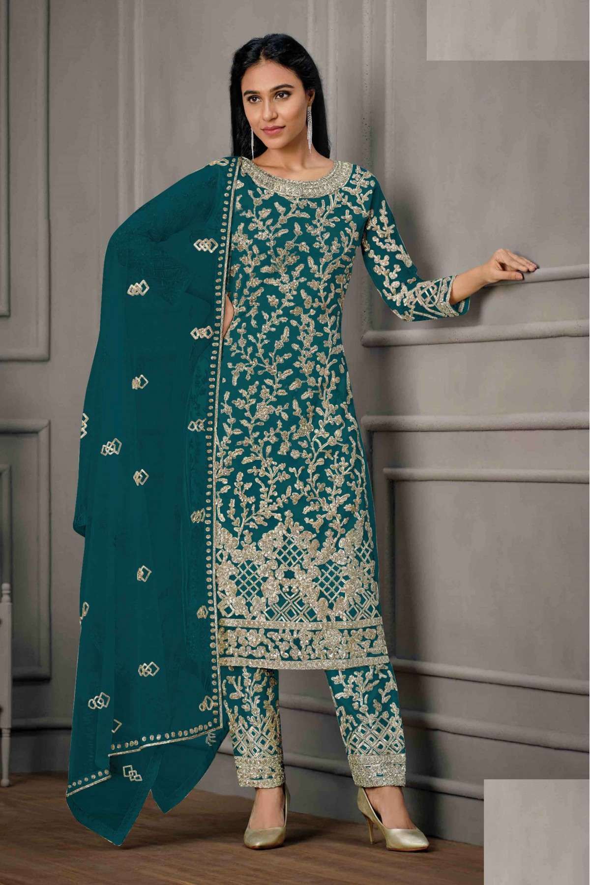 Butterfly Net Embroidery Pant Style Suit In Green Colour - SM5641734