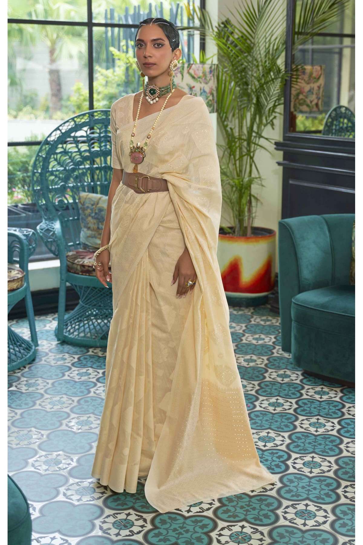 Chanderi Woven Saree In Cream Colour - SR09406097