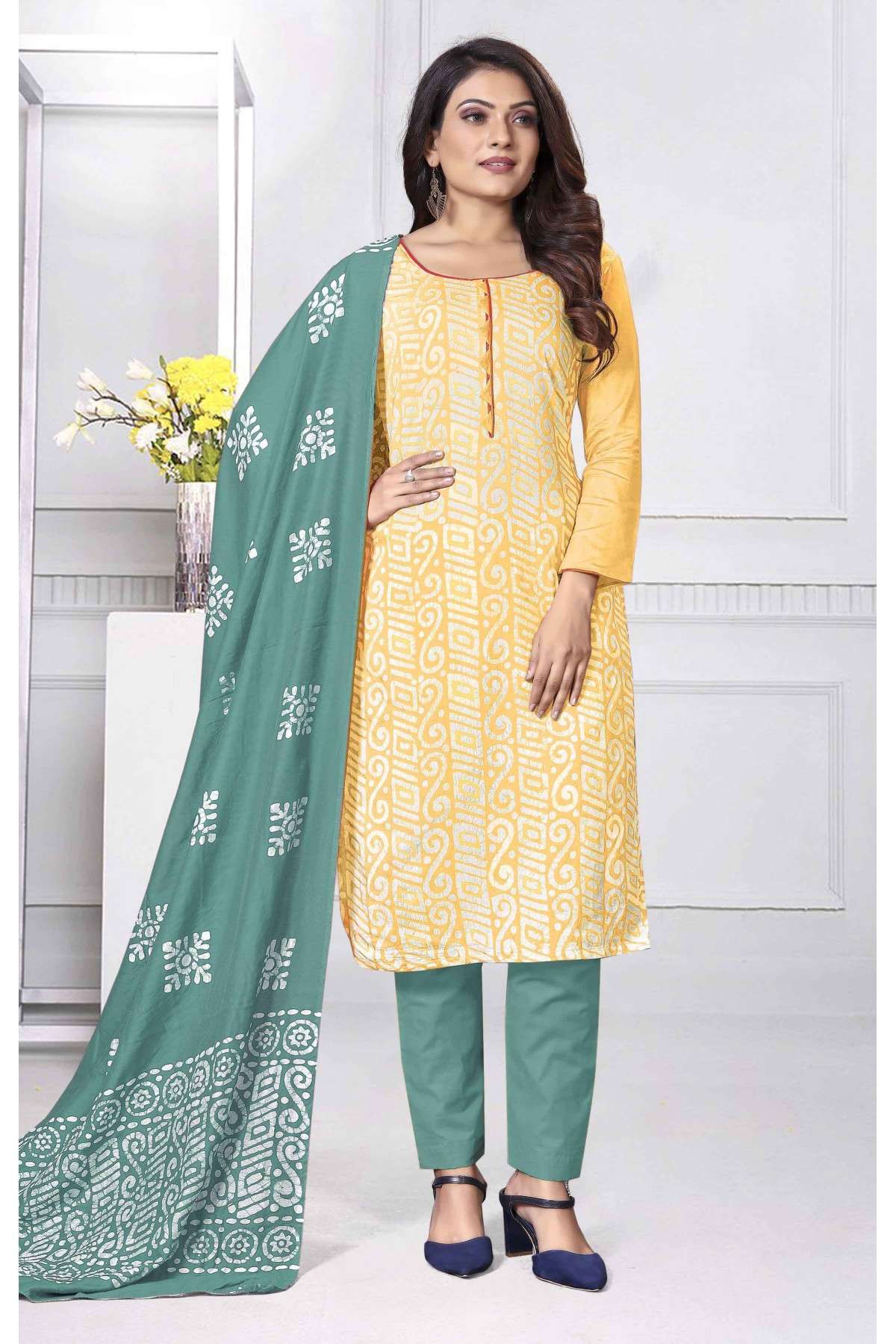 Cotton Printed Pant Style Suit In Yellow Colour - SM5416064