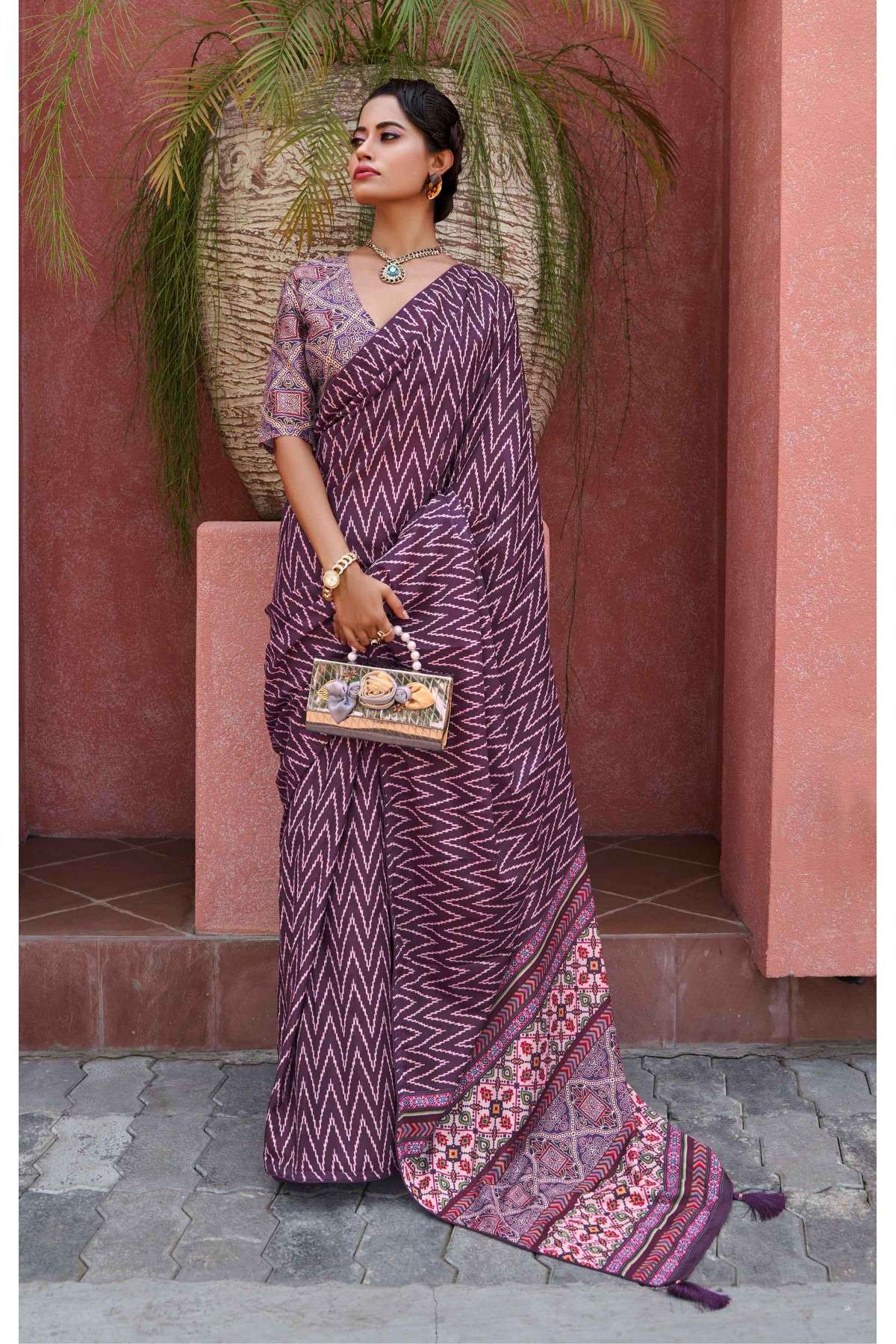 Crepe Printed Saree In Purple Colour - SR4473396