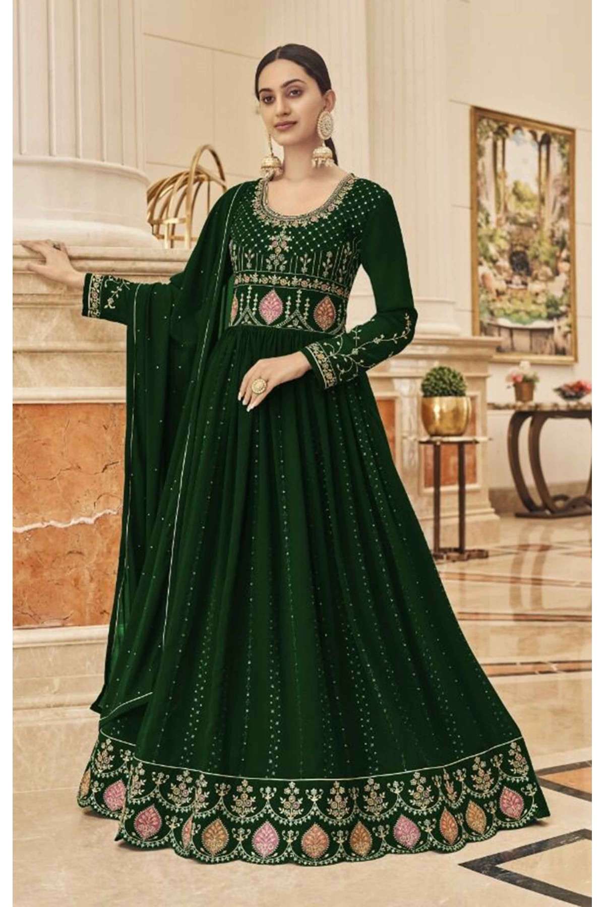 Faux Georgette Embroidery Anarkali Suit In Green Colour - SM1775294
