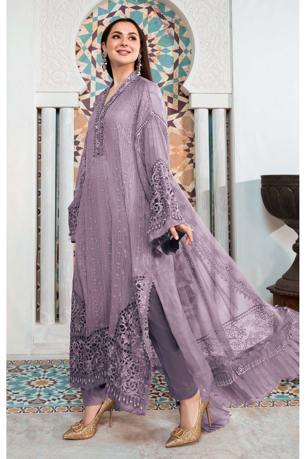 Faux Georgette Embroidery Pakistani Suit In Lavender Colour - SM5550191