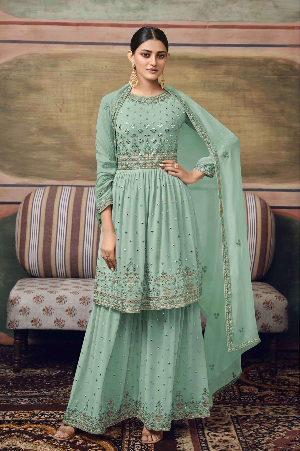 Faux Georgette Embroidery Sharara Suit In Green Colour - SM5641706