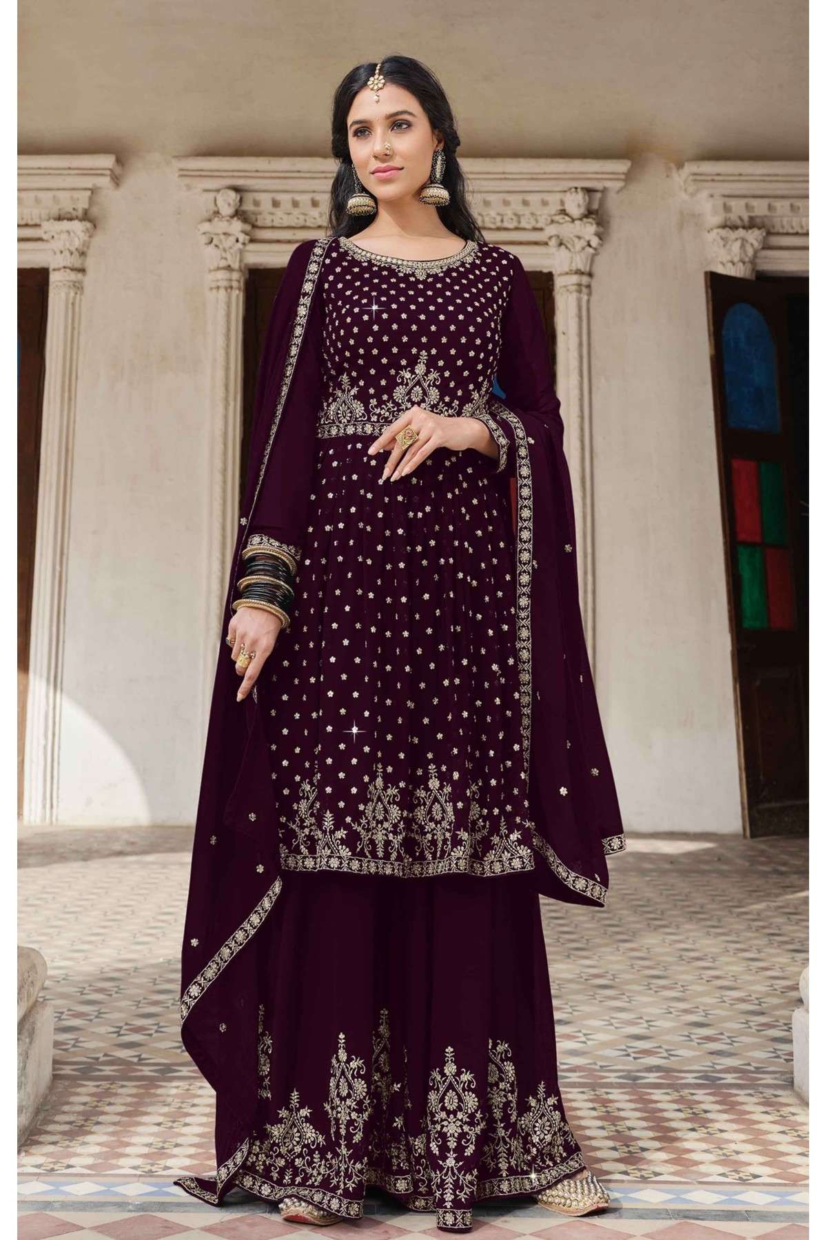 Faux Georgette Embroidery Sharara Suit In Wine Colour - SM5550199
