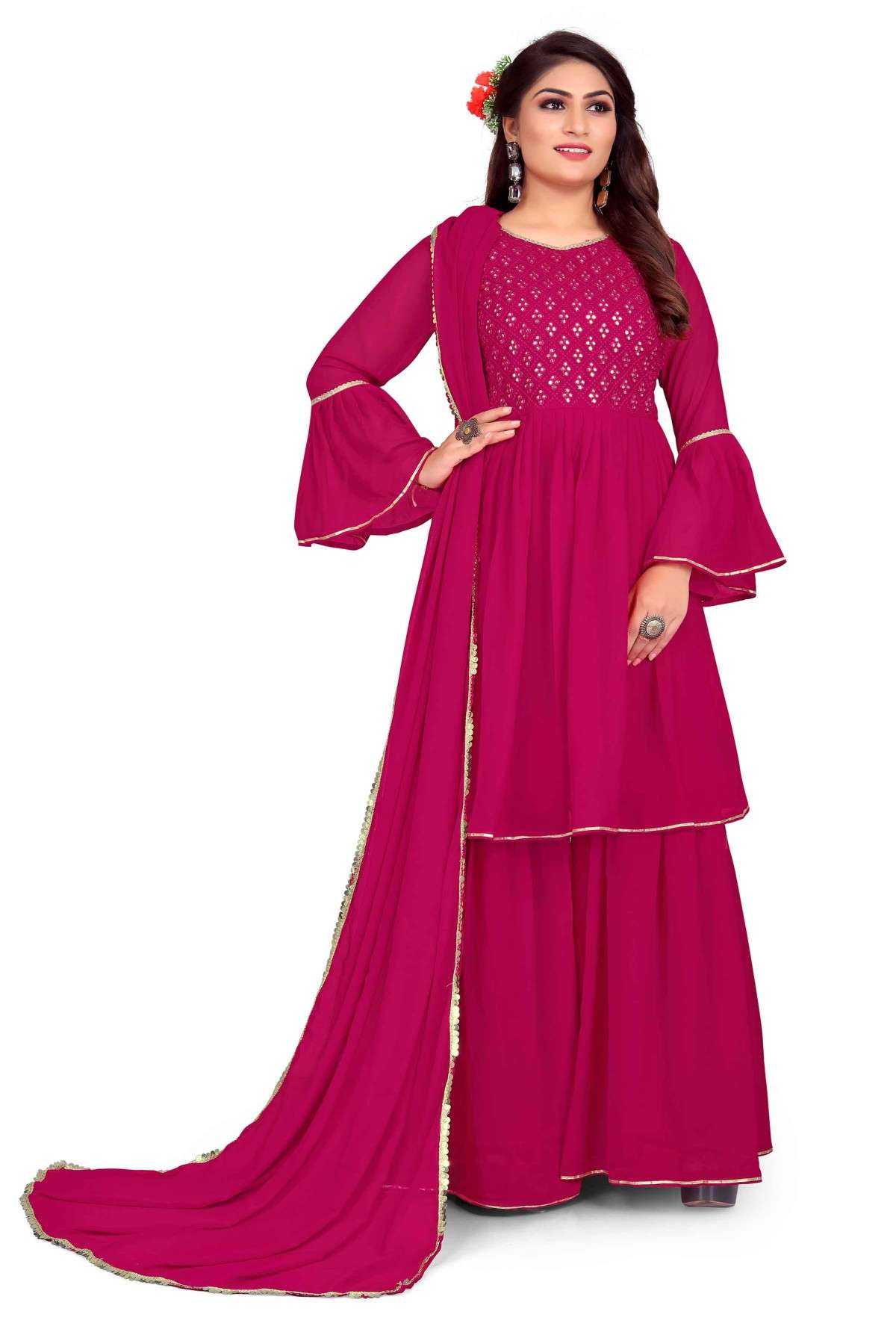 Faux Georgette Printed Sharara Suit In Pink Colour - SM5641710