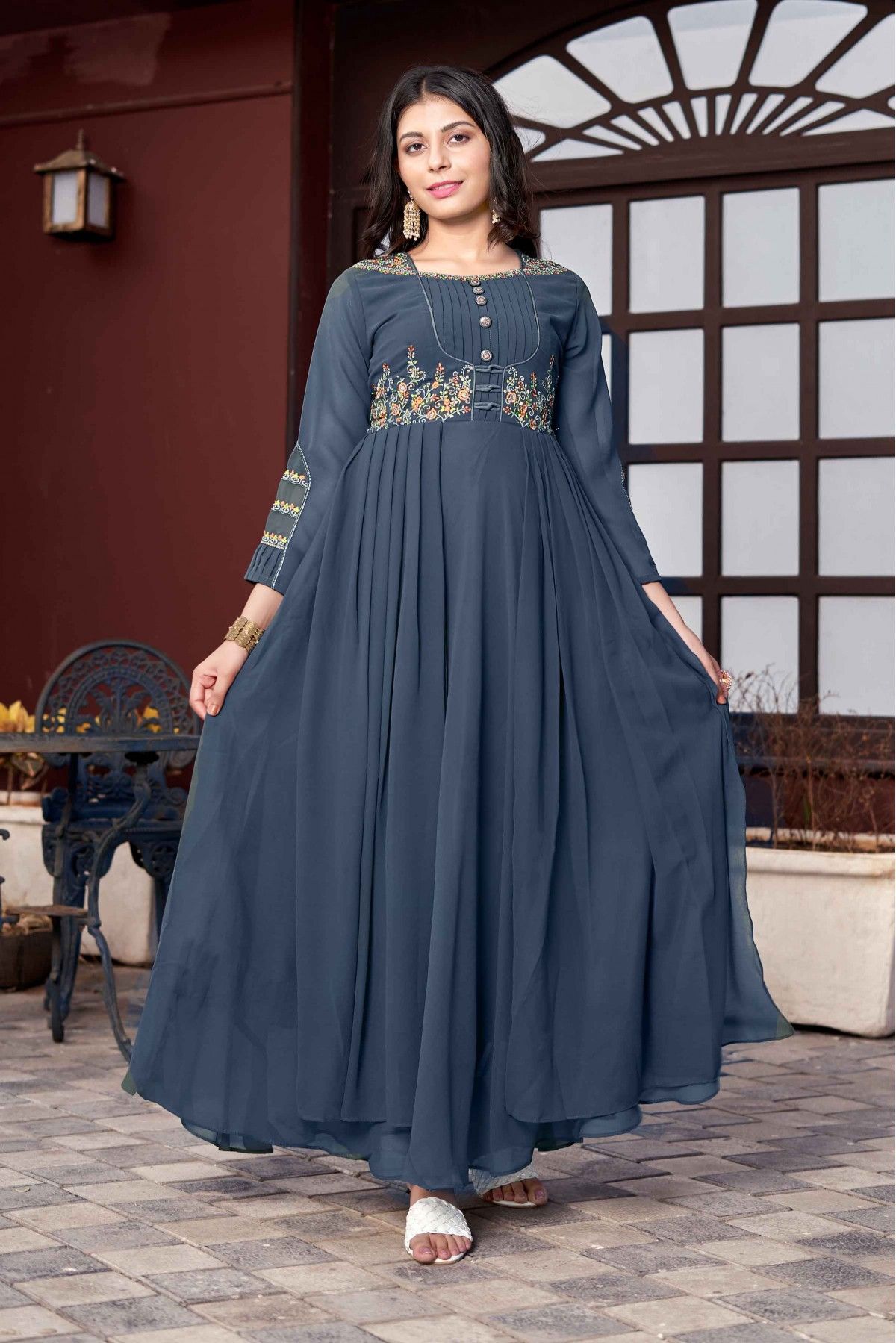 Buy Liquid Blue Anarkali Suit With Lucknowi And Abla Work Online  Kalki  Fashion