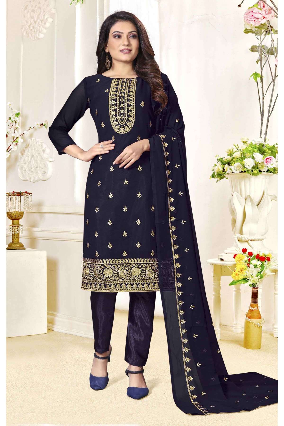 Georgette Embroidery Pant Style Suit In Blue Colour - SM5416014