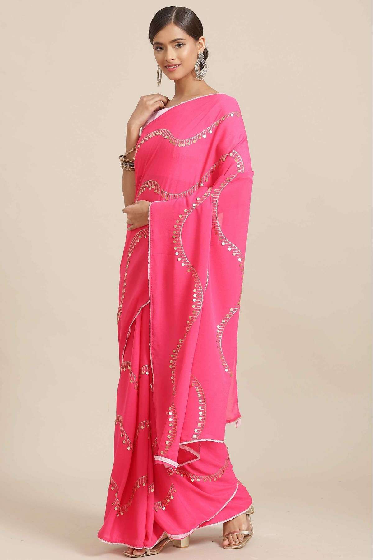 Georgette Embroidery Saree In Pink Colour - SR5415873