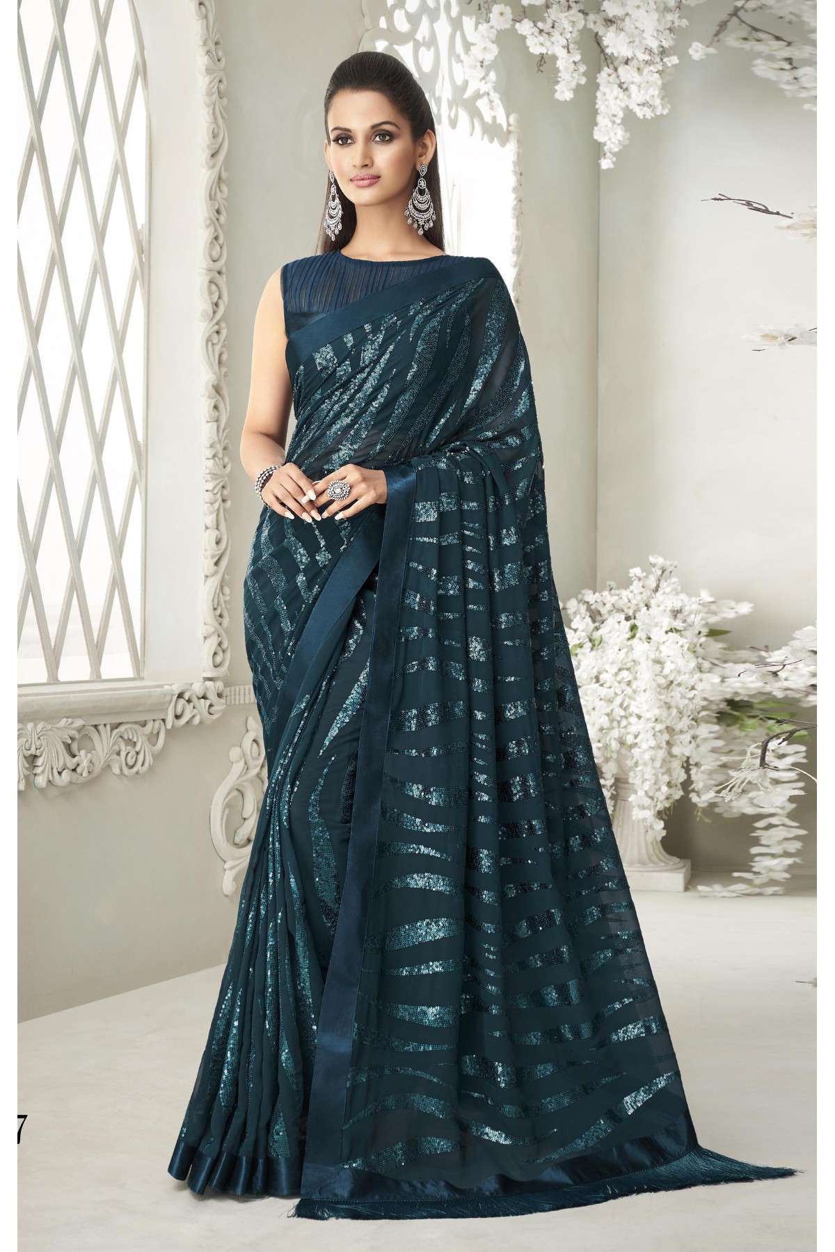 Georgette Embroidery Saree In Teal Colour - SR09406119