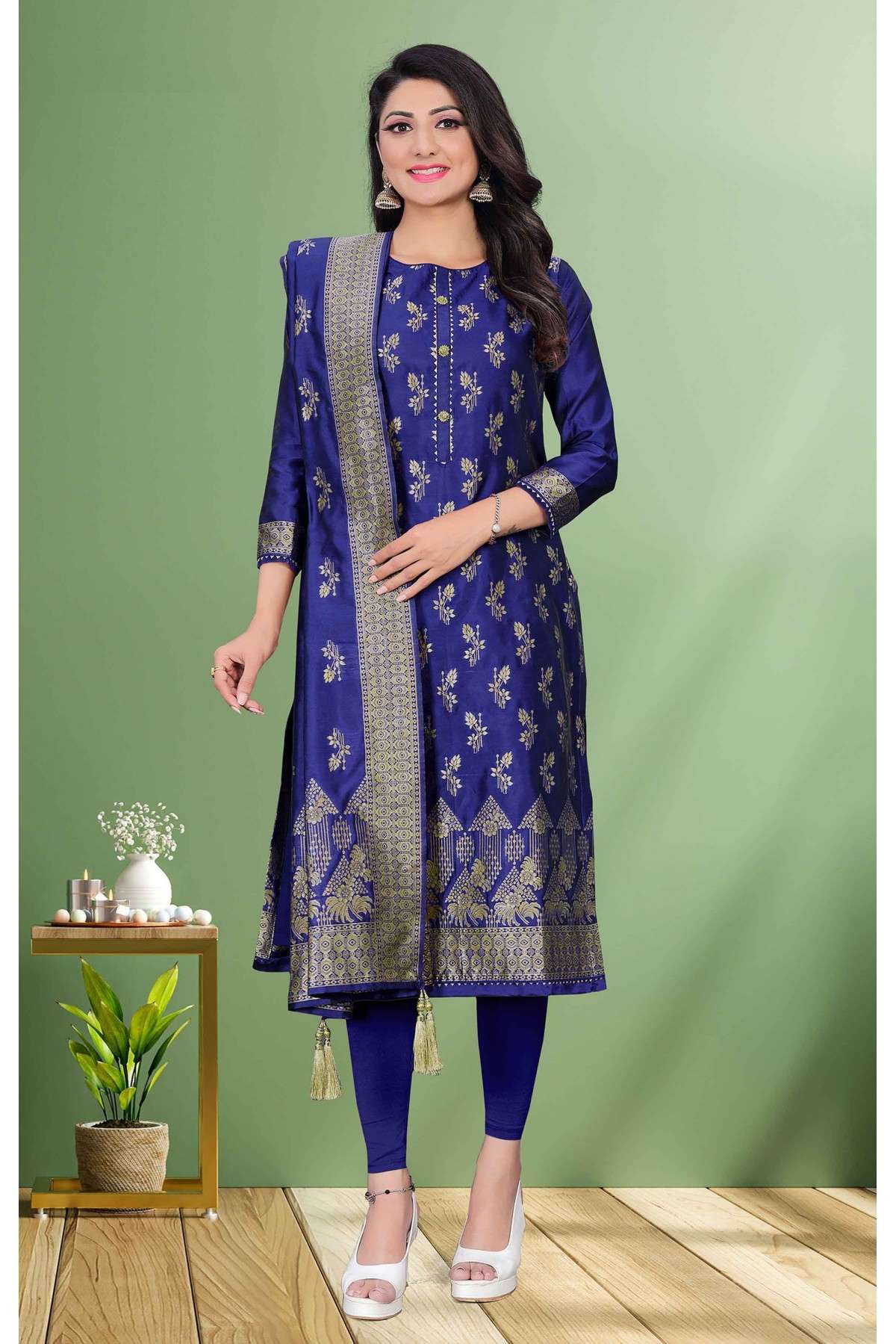 Jacquard Woven Churidar Suit In Blue Colour - SM5550171