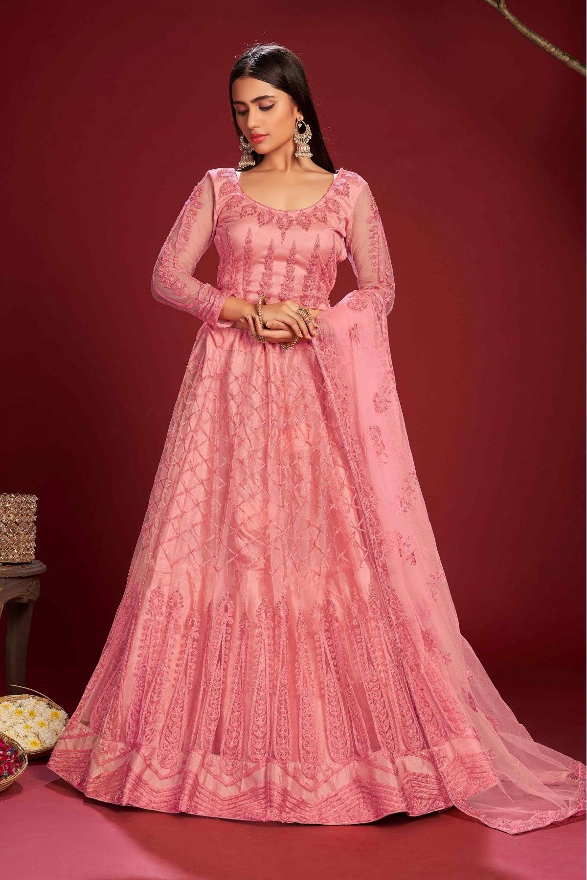 Net Embroidery Anarkali Suit In Pink Colour SM5680230 A