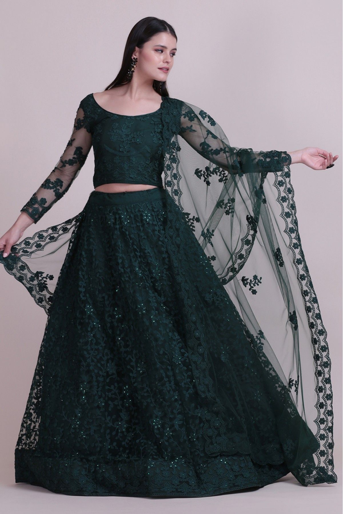 Net Embroidery Lehenga Choli In Dark Green Colour - LD5680006