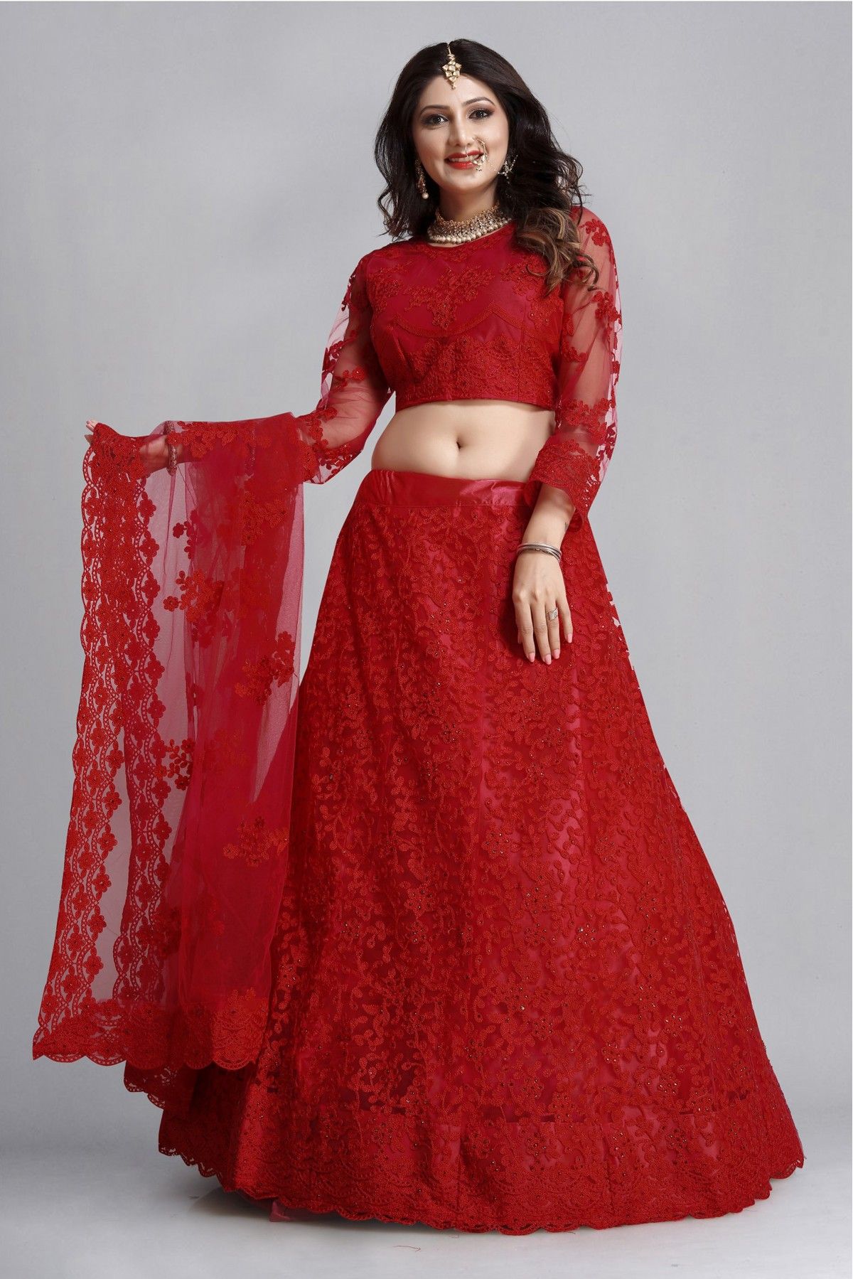 Traditional Red Designer Bridal long Trail lehenga with crop top and  Embroidery Bespoke -