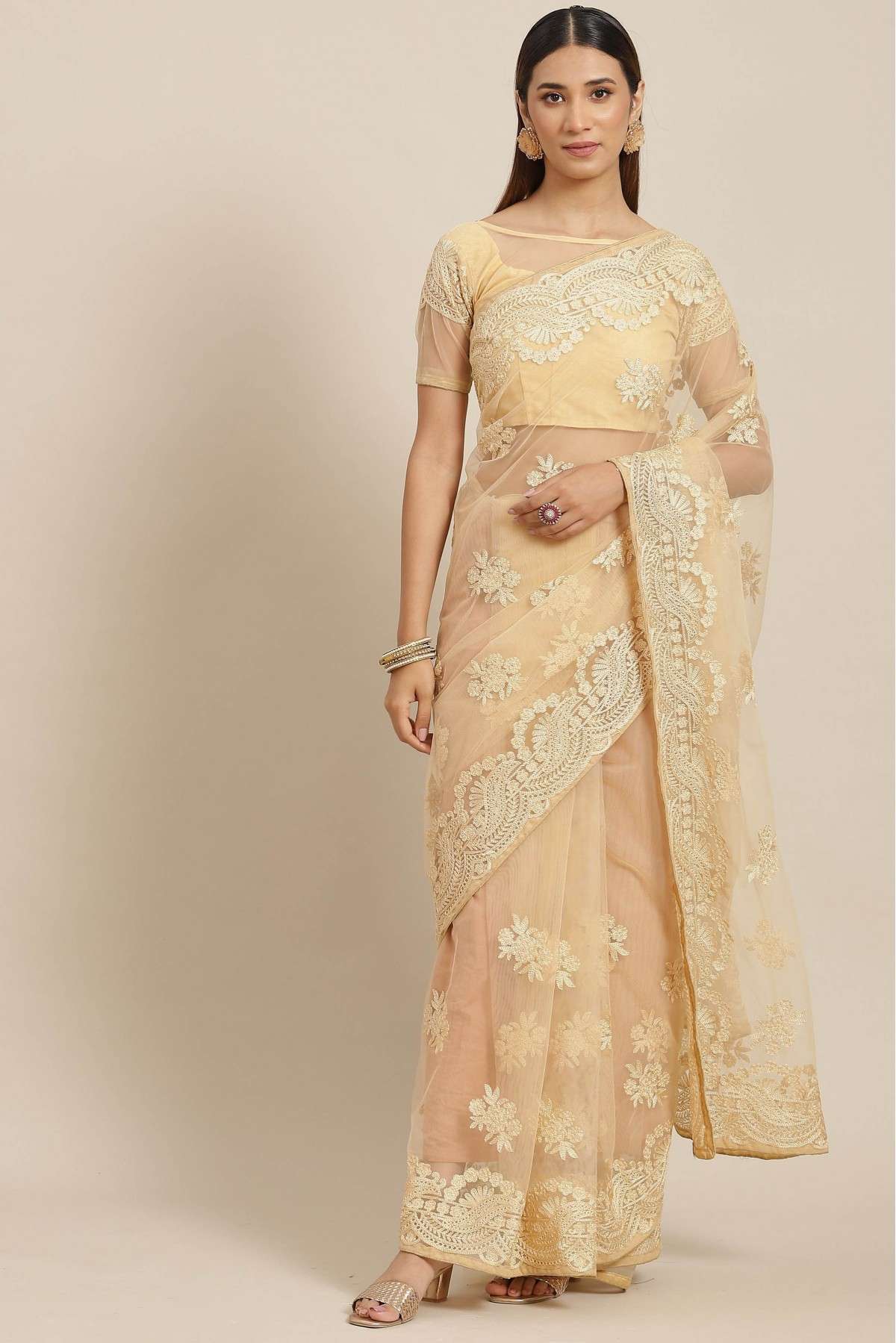 Net Embroidery Saree In Beige Colour - SR5415856