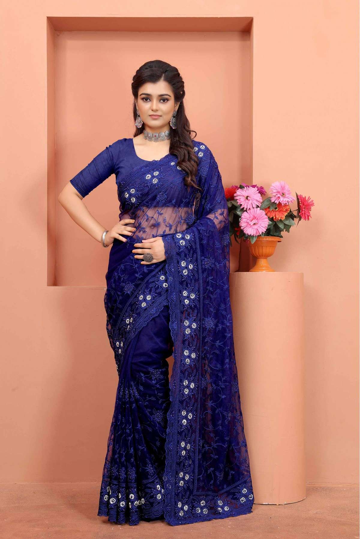 Net Embroidery Saree In Blue Colour - SR5641362