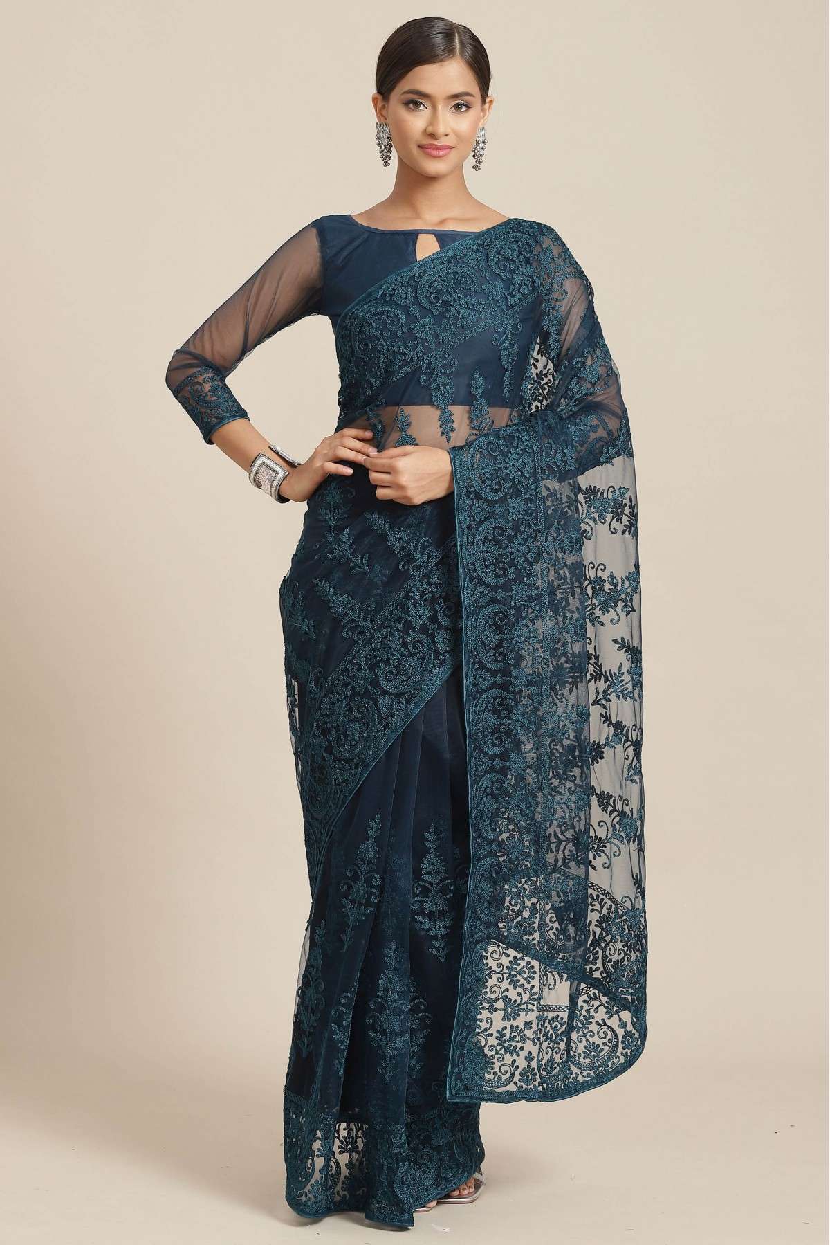 Net Embroidery Saree In Teal Blue Colour - SR5415853