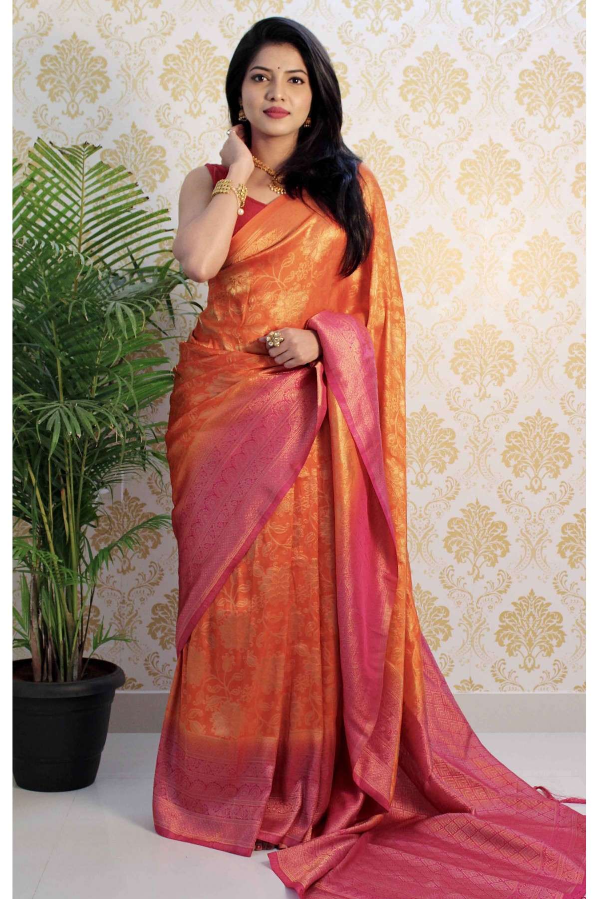 Silk Blend Woven Saree In Orange Colour - SR5640940