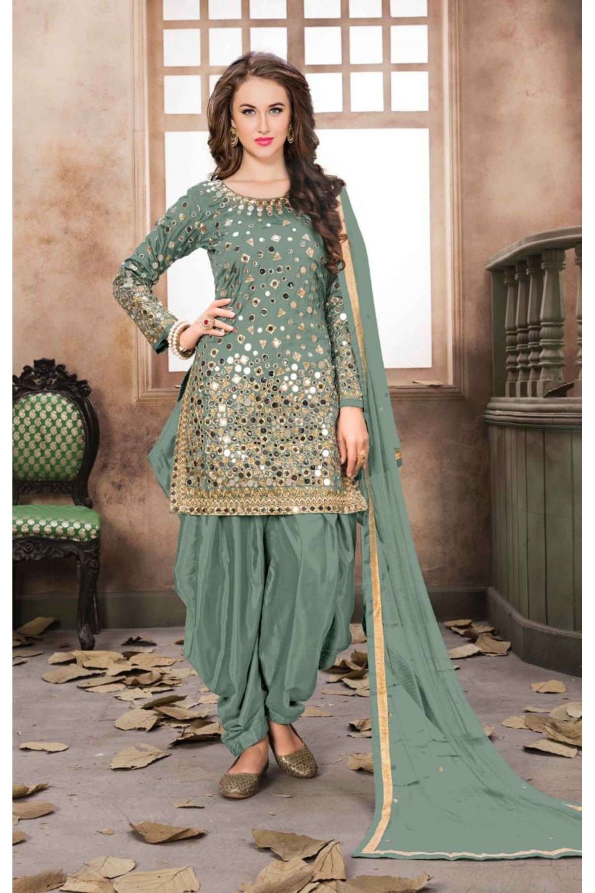 Taffeta Silk Embroidery Patiala Suit In Green Colour - SM1640839