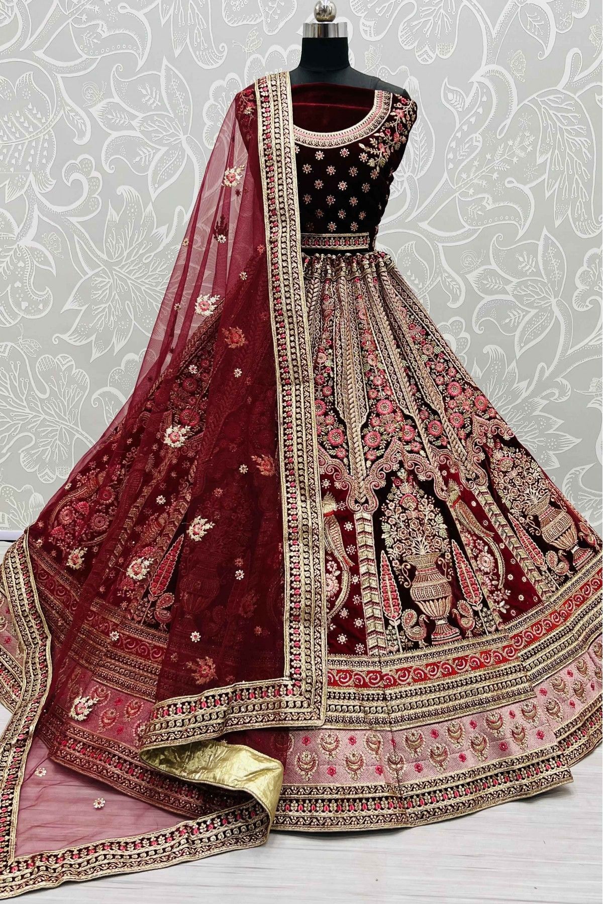Velvet Embroidery Lehenga Choli In Maroon Colour - LD5415410