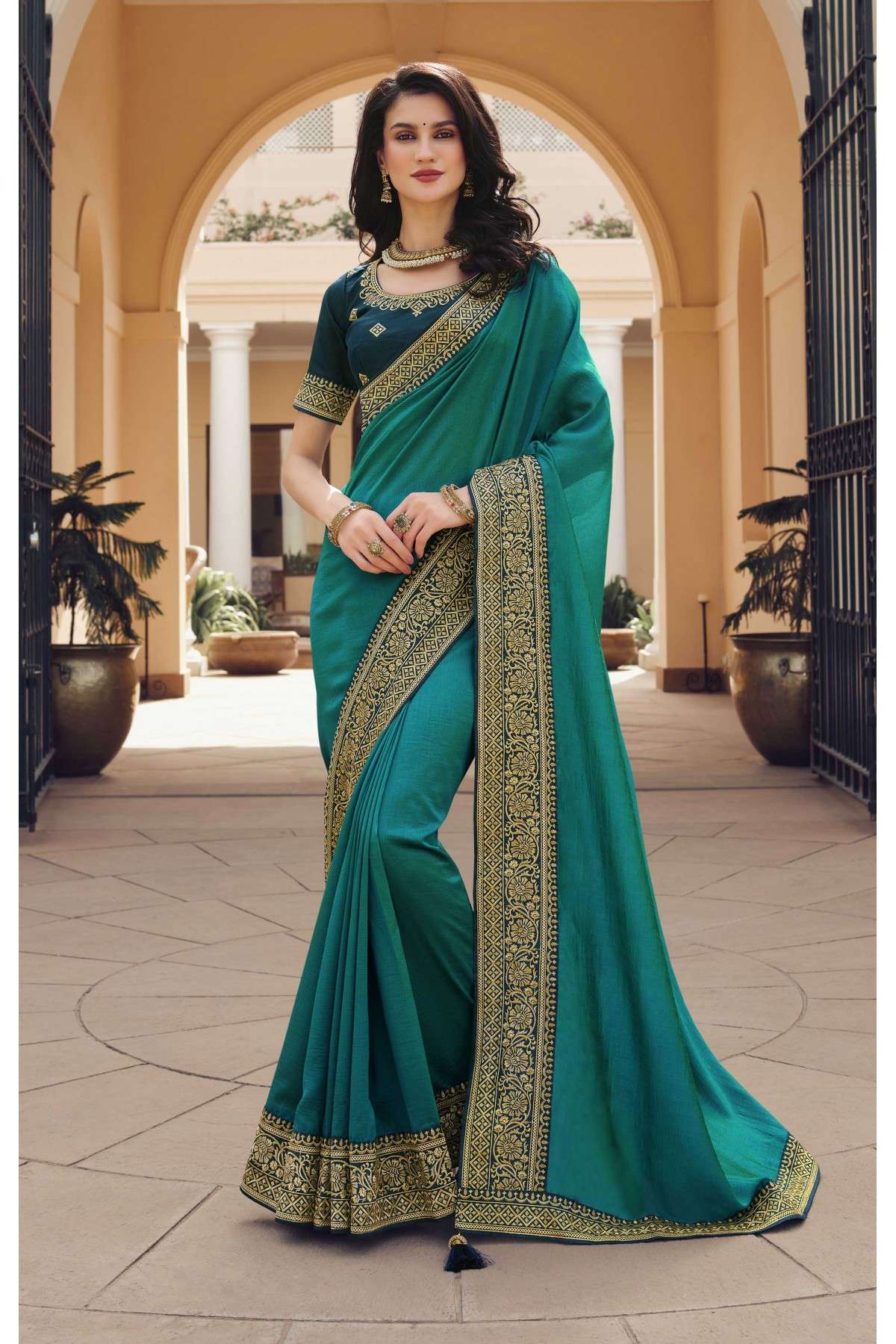 Vichitra Silk Embroidery  Saree In Green Colour - SR5640887