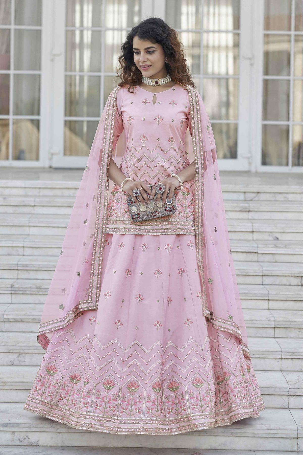 Chinon Chiffon Embroidery Lehenga Suit In Baby Pink Colour - SM3210952