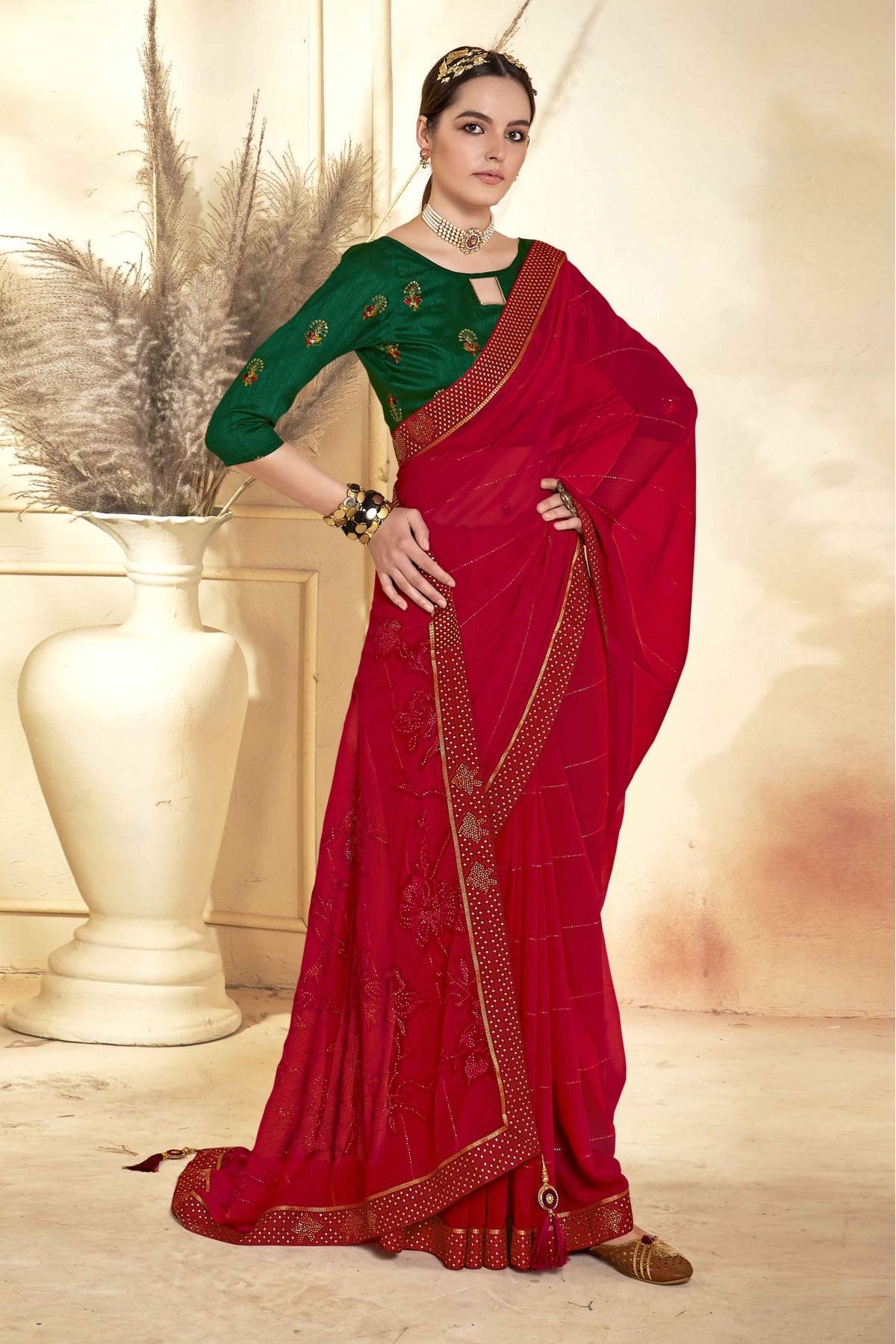 Banarasi Pure Georgette Saree With Aada Antique Zari Weaving-Red –  Banarasikargha