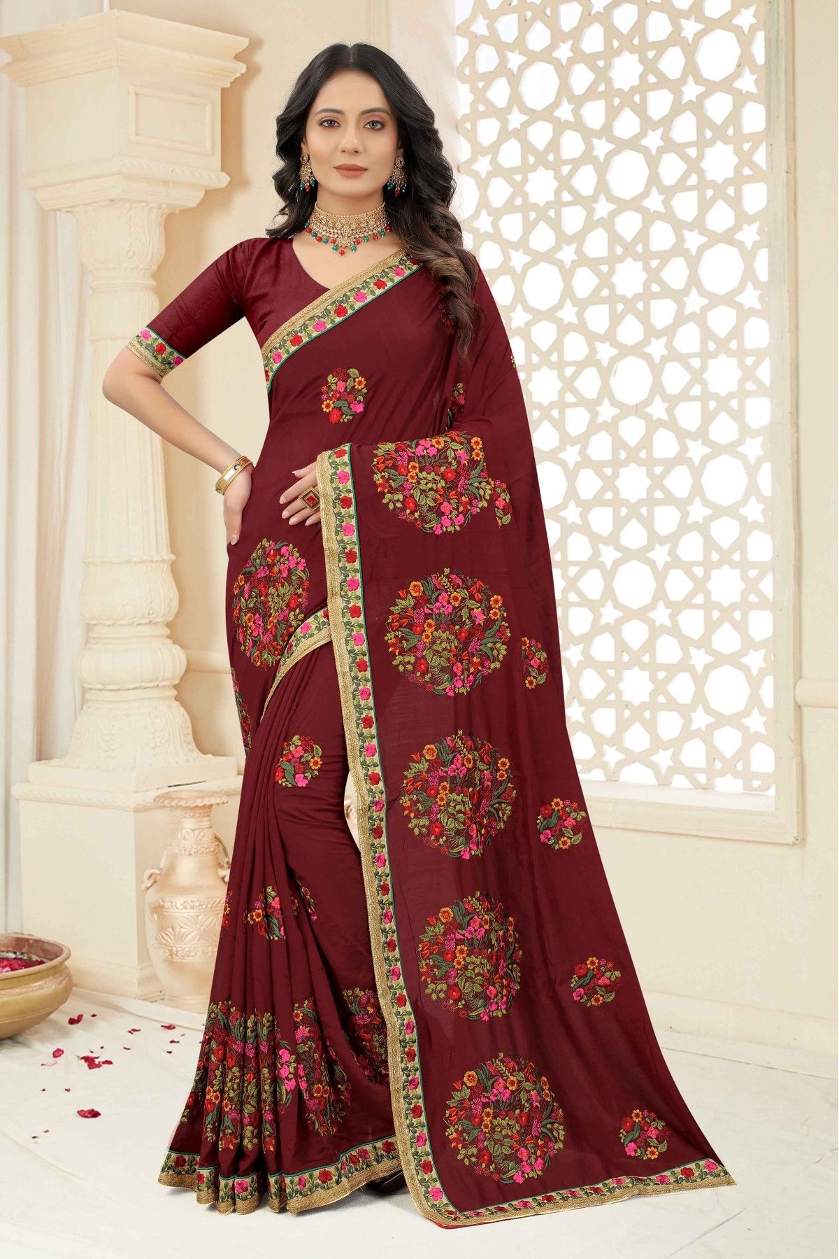 Vichitra Silk Embroidery Saree In Maroon Colour - SR1543576