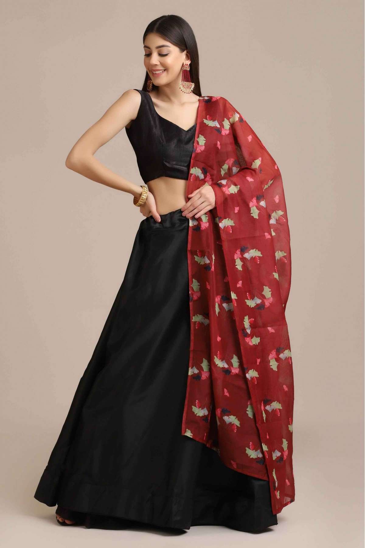 Banglory Silk Printed Lehenga Choli In Black Colour - LD5680385