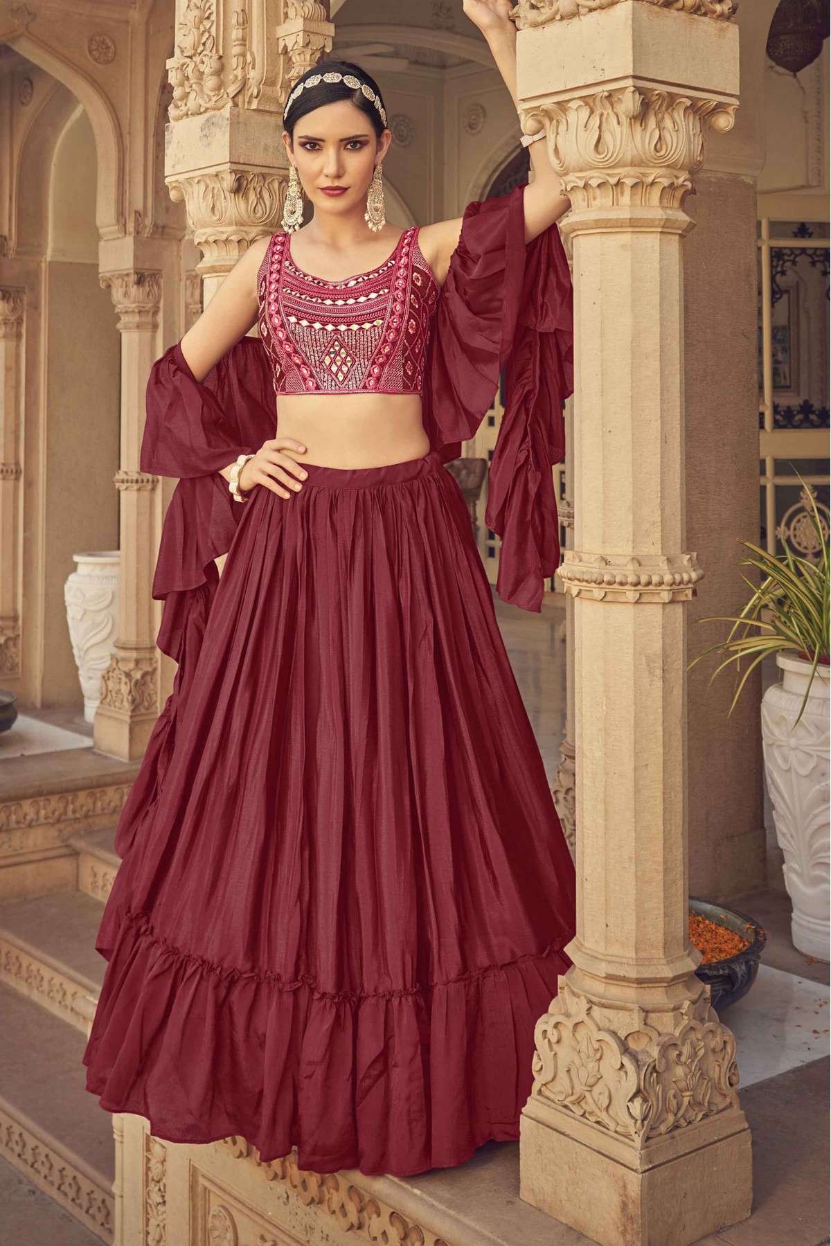 Buy Maroon Sequins Georgette Wedding Wear Lehenga Choli From Zeel Clothing.