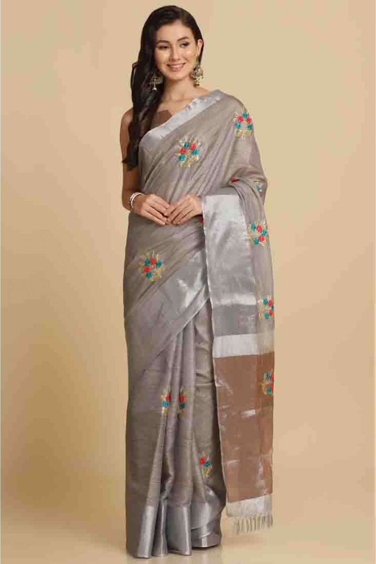 Cotton Silk Embroidery Saree In Grey Colour - SR4840407