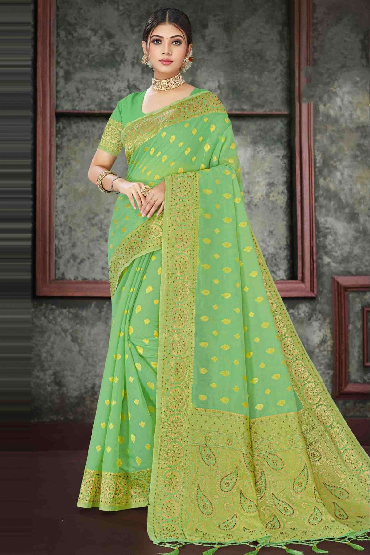 Cotton Woven Saree In Green Colour - SR0074728