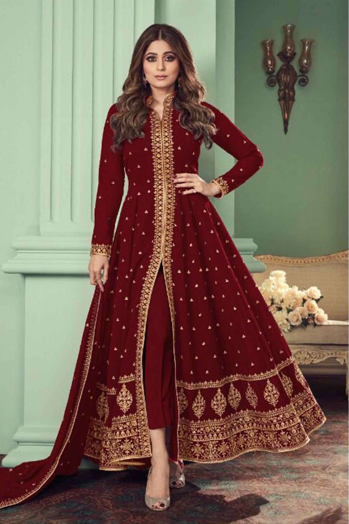 Faux Georgette Embroidery Pant Style Suit In Maroon Colour - SM1775502