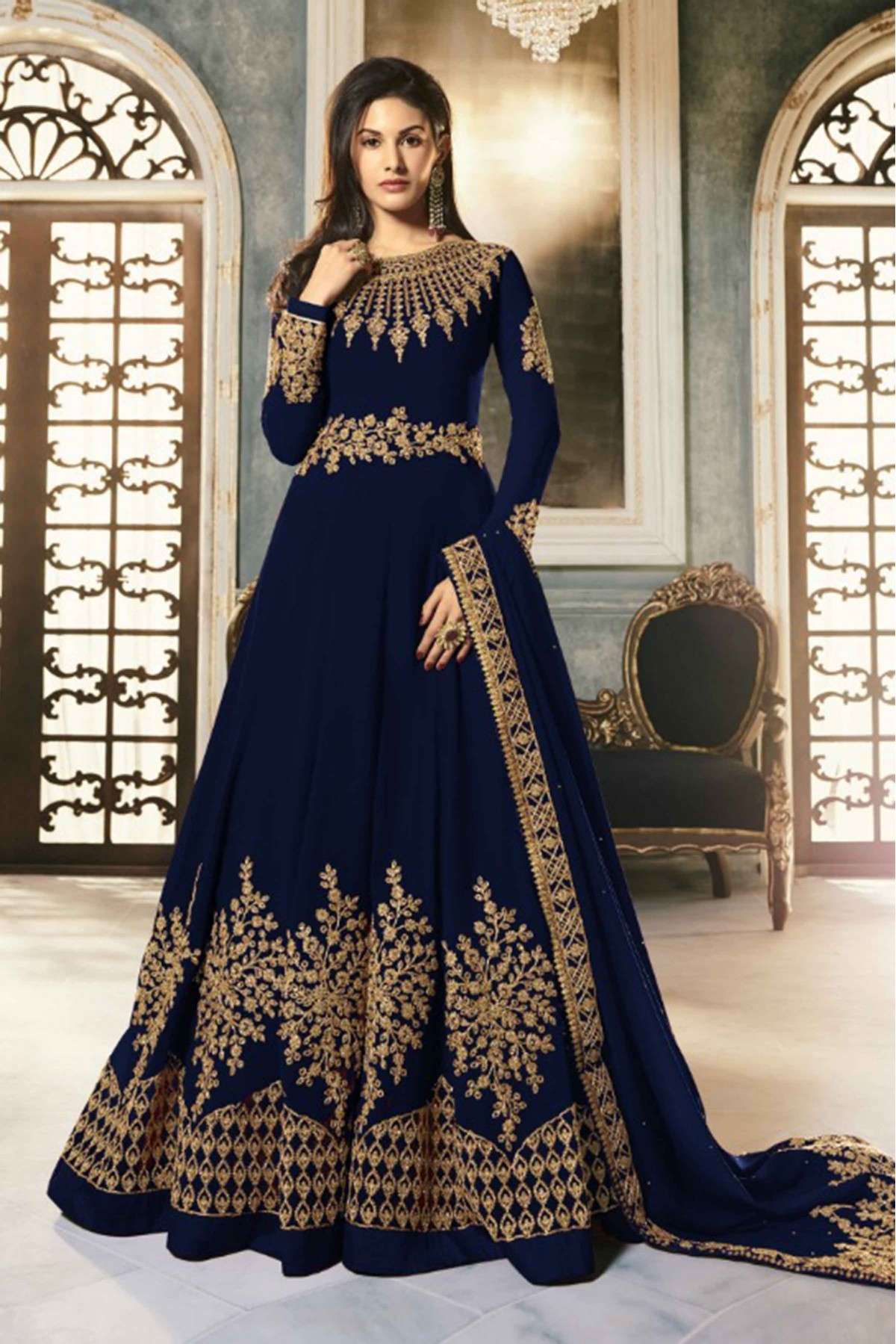Georgette Embroidery Anarkali Suit In Navy Blue Colour - SM1775481