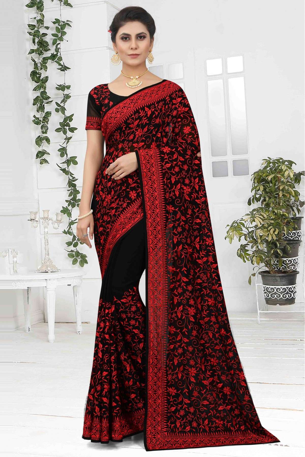 Georgette Embroidery Saree In Black Colour - SR4690816