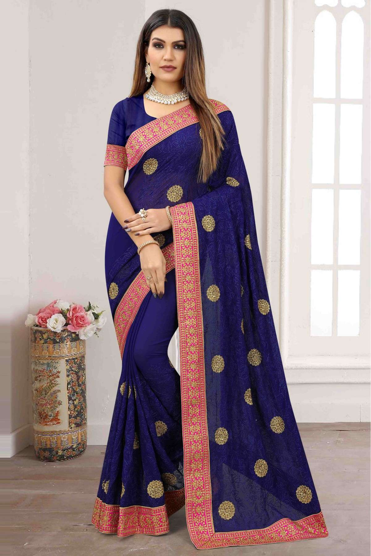 Georgette Embroidery Saree In Navy Blue Colour - SR1543776