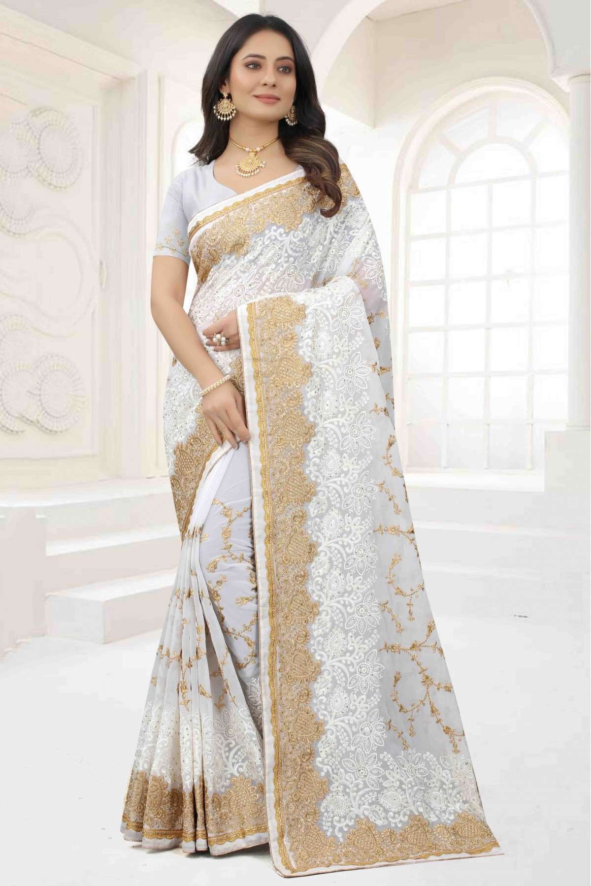 Georgette Embroidery Saree In White Colour - SR4690826
