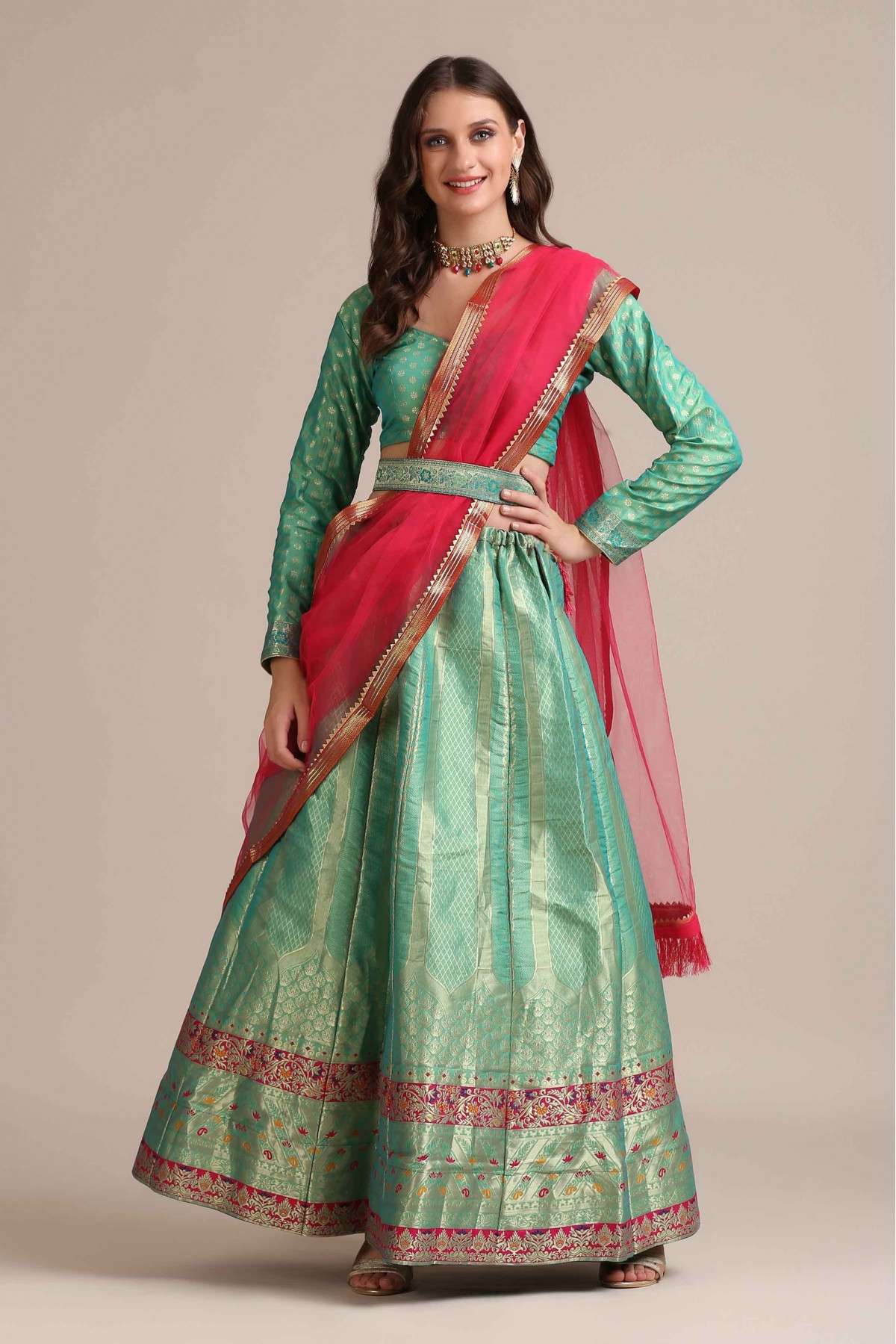 Jacquard Silk Woven Lehenga Choli In Green Colour - LD5680356