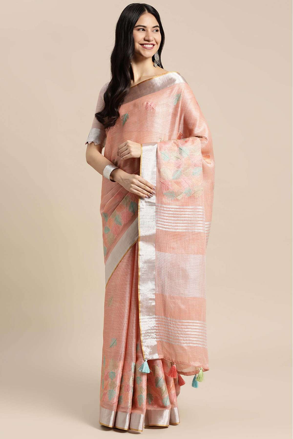 Linen Woven Saree In Peach Colour - SR5416197