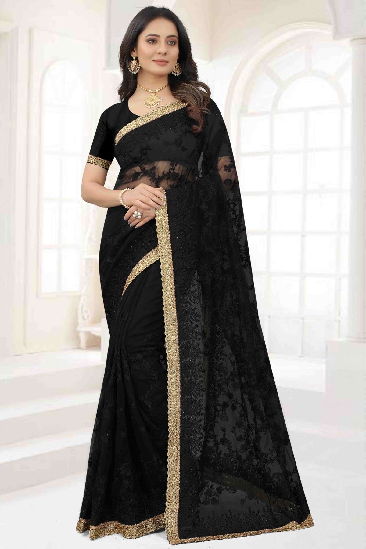 Net Embroidery Saree In Black Colour - SR4690823