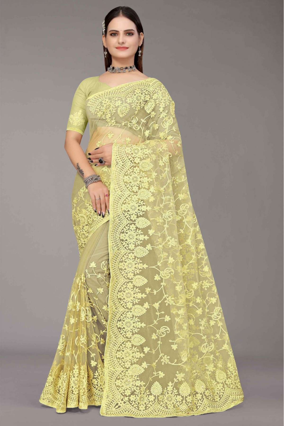 Net Embroidery Saree In Light Green  Colour - SR5416223