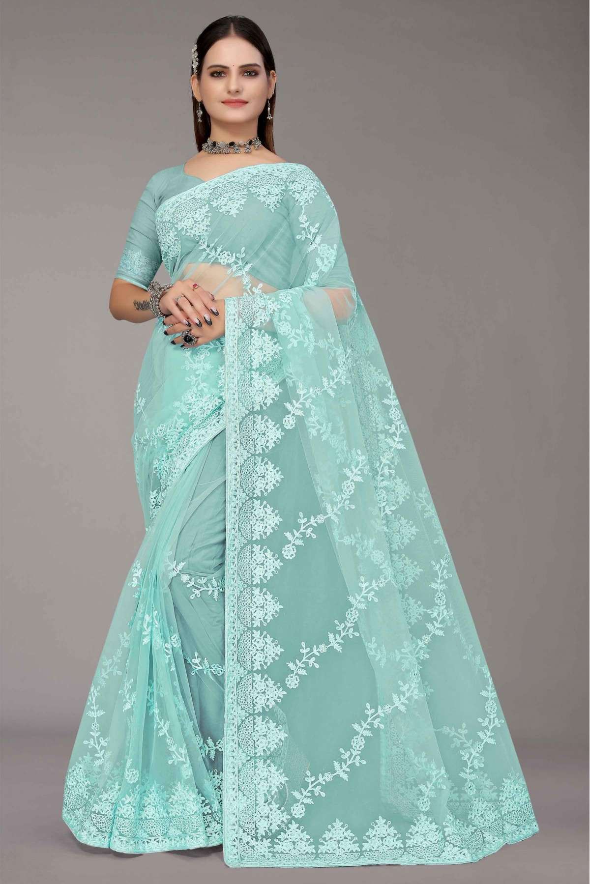 Net Embroidery Saree In Light Green Colour - SR5416227