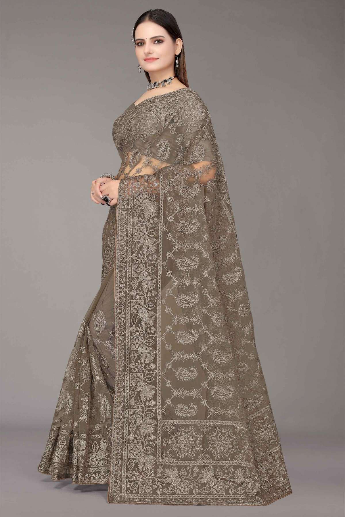 Net Embroidery Saree In Olive Green Colour - SR5416222