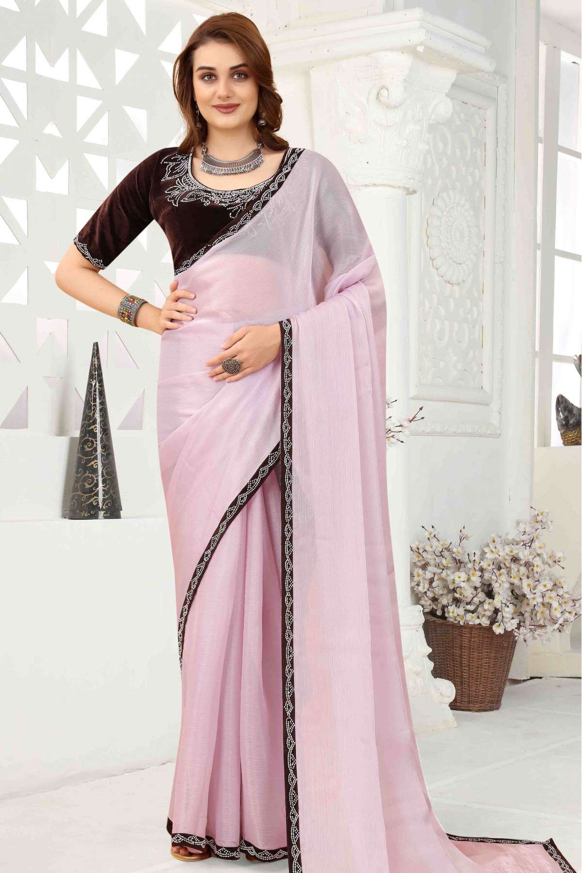 Organza Embroidery Saree In Pink Colour - SR1543756