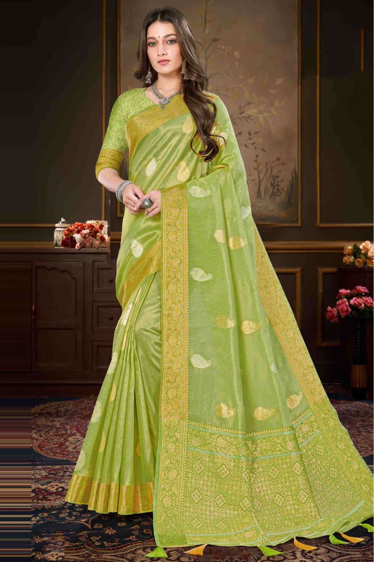 Organza Tissue Woven Saree In Green Colour - SR0074689