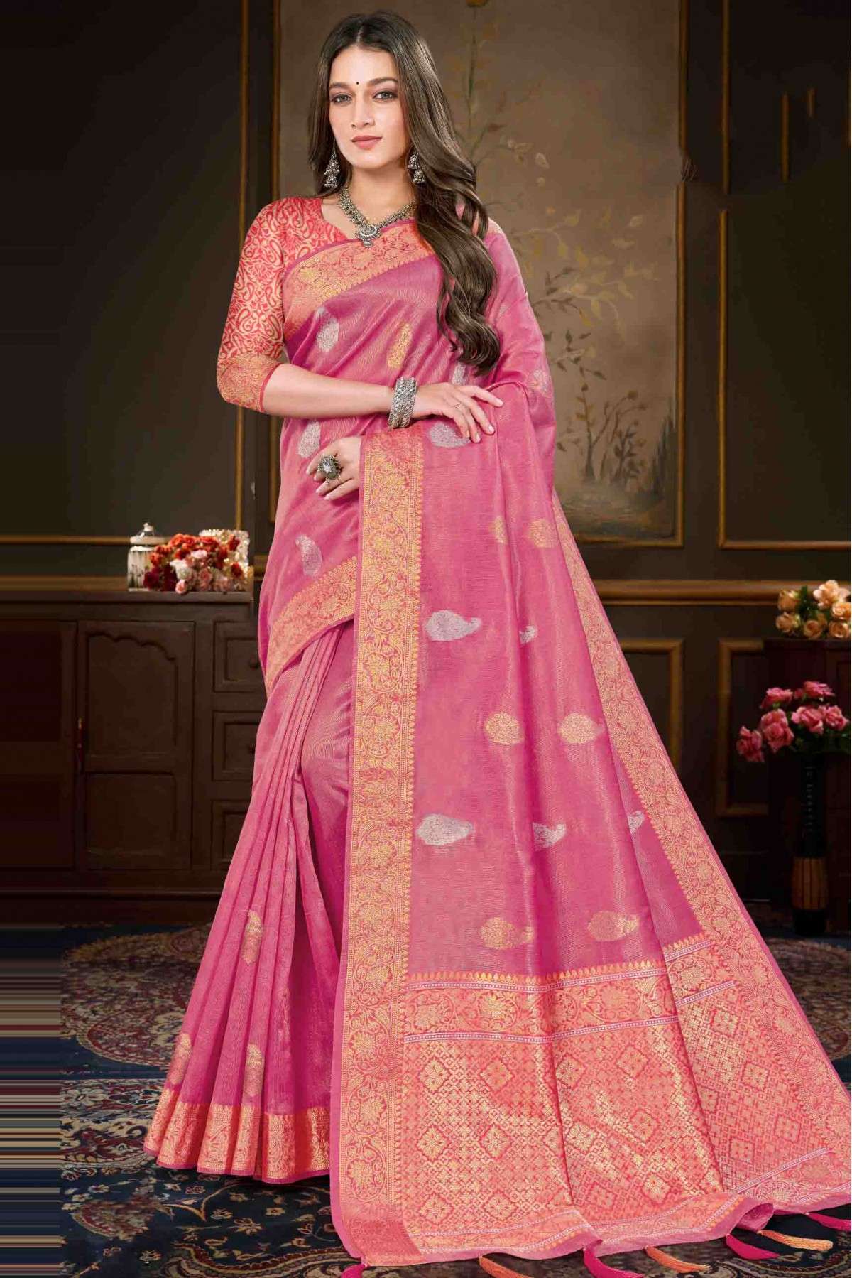 Organza Tissue Woven Saree In Pink Colour - SR0074684
