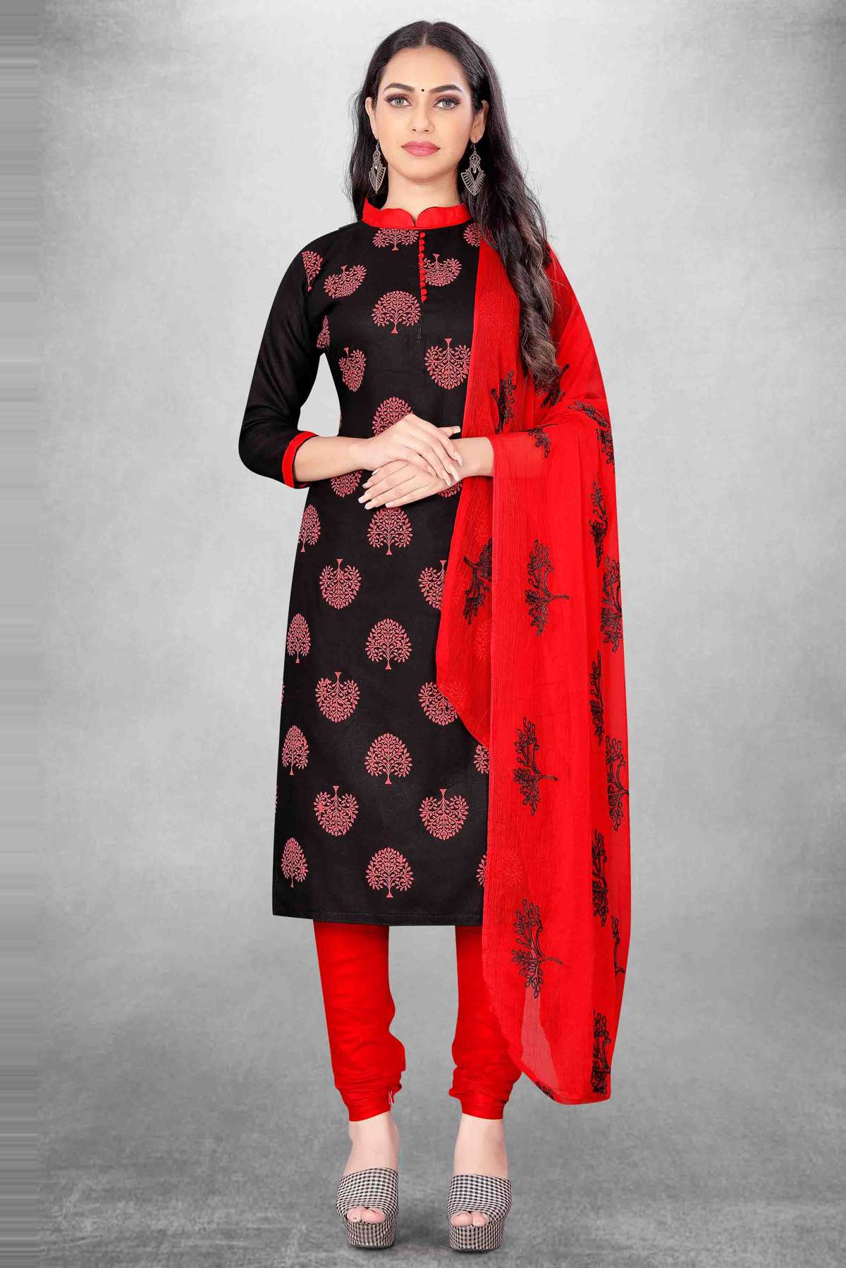 Unstitched Cotton Slub Printed Churidar Suit In Black Colour - US3234384